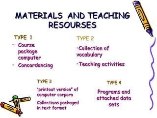 MATERIALS AND TEACHING
RESOURSES
TYPE 1
• Course
package
computer
• Concordancing

TYPE 2
•Collection of
vocabulary
•Teaching activities

TYPE 3
“printout version” of

computer corpora

Collections packaged
in text format

TYPE 4

Programs and
attached data
sets

 