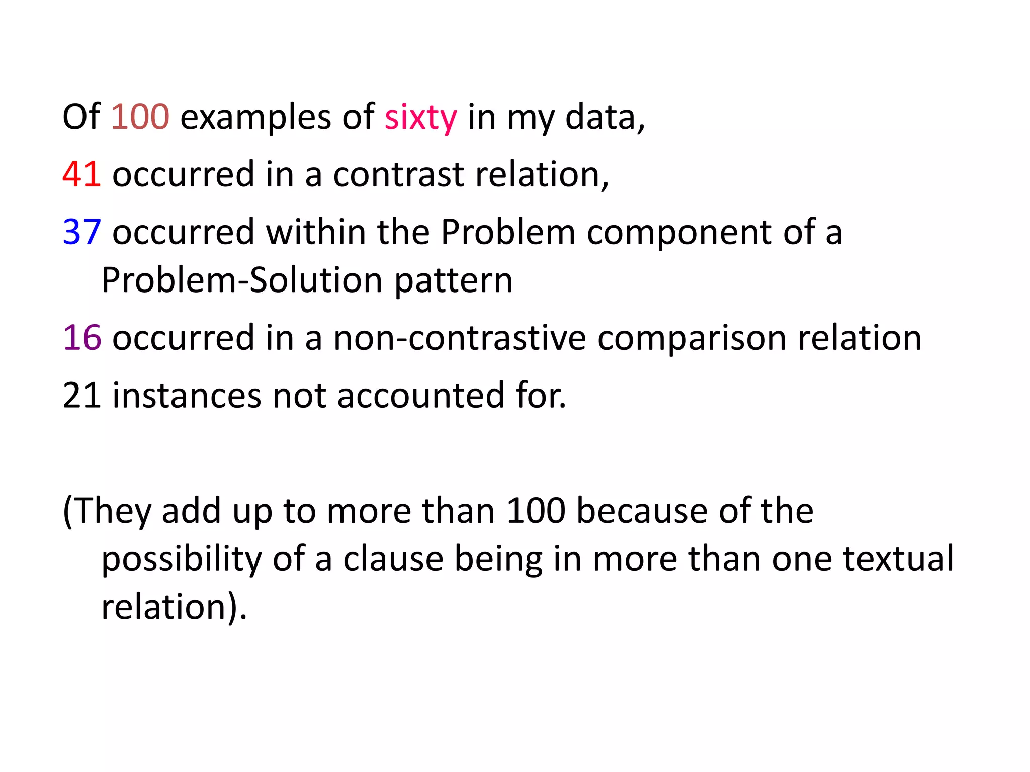 Of 100 examples of sixty in my data,
41 occurred in a contrast relation,
37 occurred within the Problem component of a
Problem-Solution pattern
16 occurred in a non-contrastive comparison relation
21 instances not accounted for.
(They add up to more than 100 because of the
possibility of a clause being in more than one textual
relation).
 