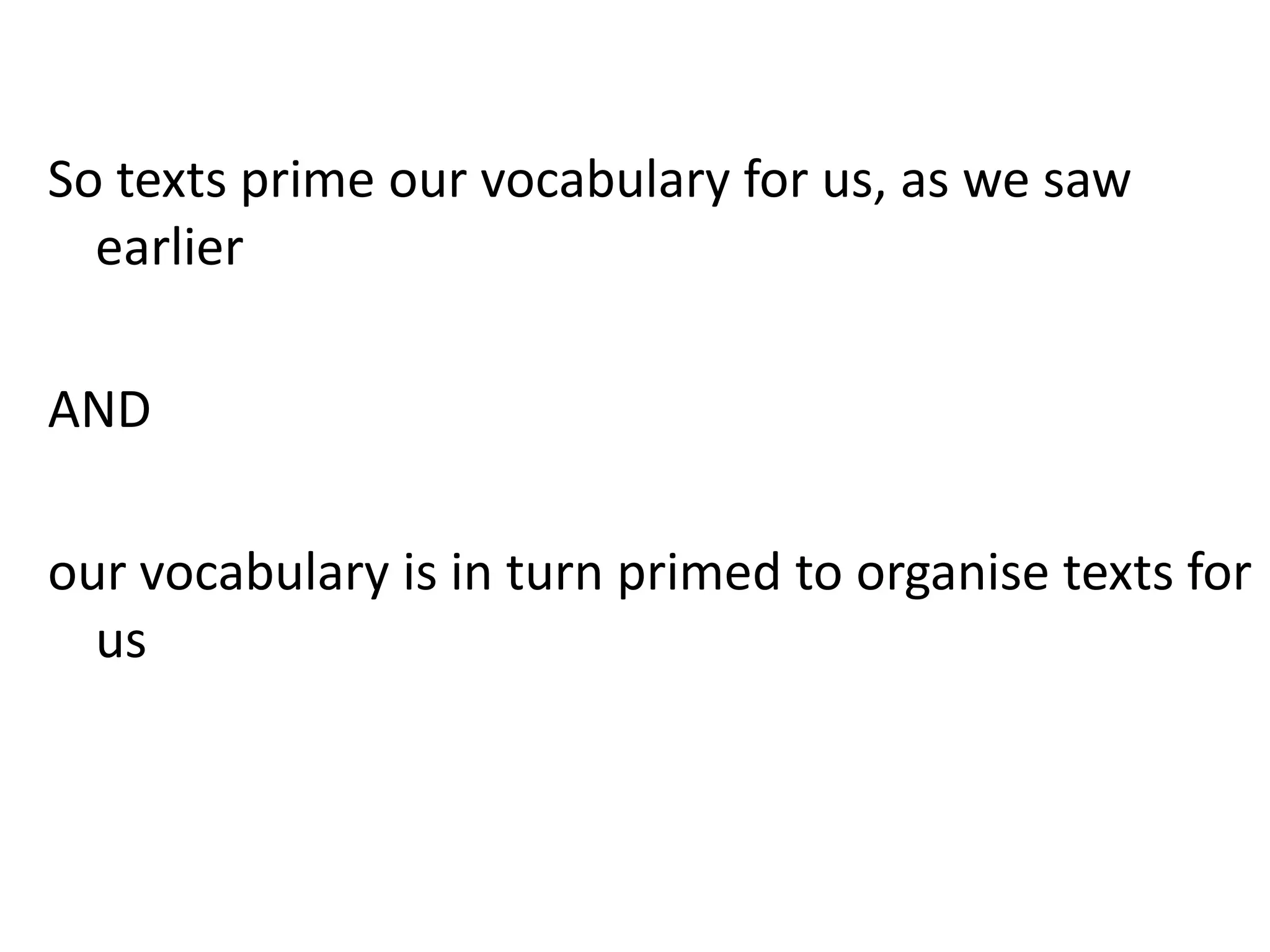 So texts prime our vocabulary for us, as we saw
earlier
AND
our vocabulary is in turn primed to organise texts for
us
 