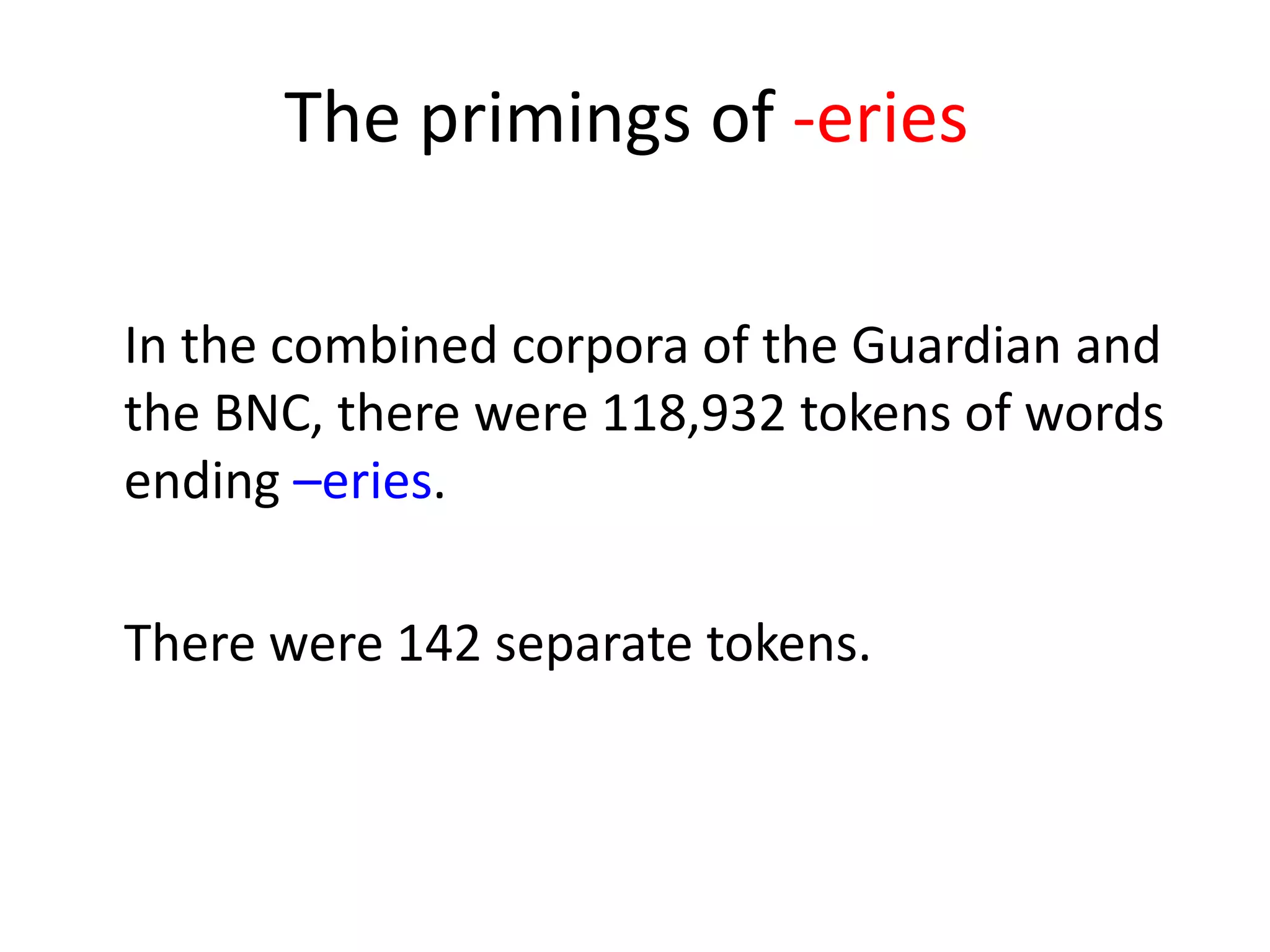 The primings of -eries
In the combined corpora of the Guardian and
the BNC, there were 118,932 tokens of words
ending –eries.
There were 142 separate tokens.
 