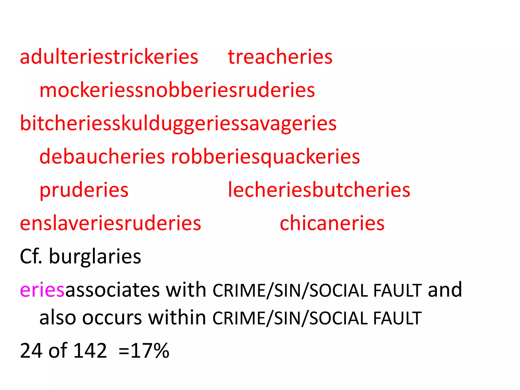adulteriestrickeries treacheries
mockeriessnobberiesruderies
bitcheriesskulduggeriessavageries
debaucheries robberiesquackeries
pruderies lecheriesbutcheries
enslaveriesruderies chicaneries
Cf. burglaries
eriesassociates with CRIME/SIN/SOCIAL FAULT and
also occurs within CRIME/SIN/SOCIAL FAULT
24 of 142 =17%
 