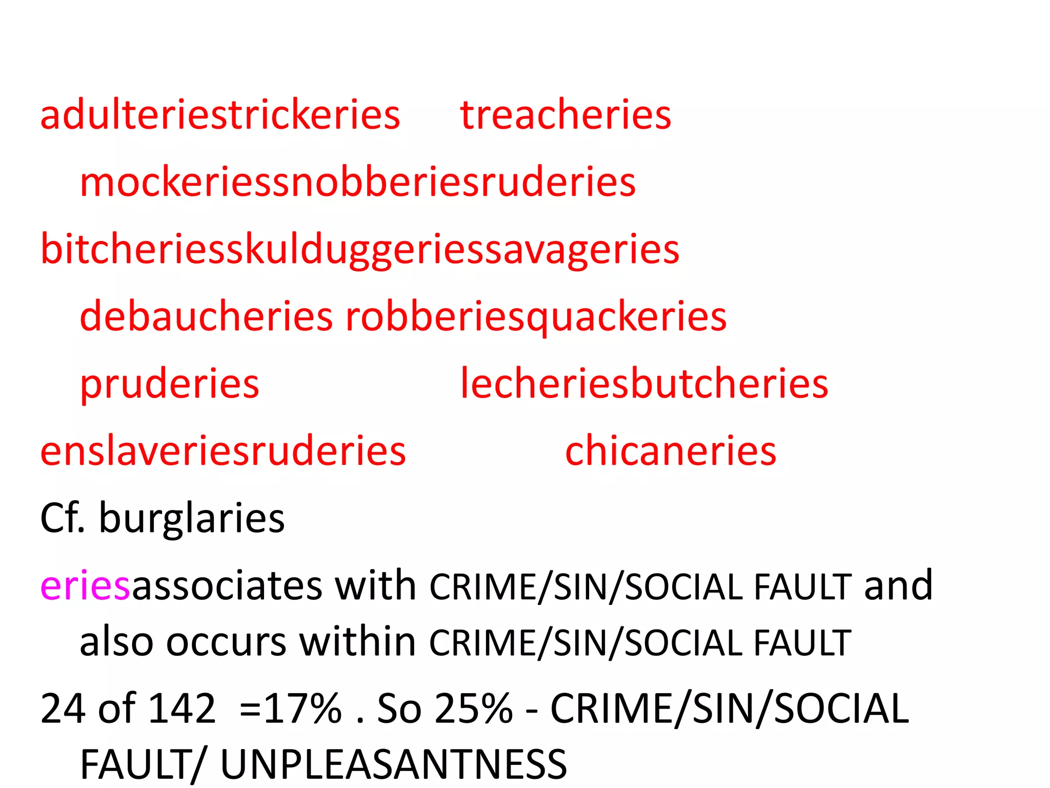adulteriestrickeries treacheries
mockeriessnobberiesruderies
bitcheriesskulduggeriessavageries
debaucheries robberiesquackeries
pruderies lecheriesbutcheries
enslaveriesruderies chicaneries
Cf. burglaries
eriesassociates with CRIME/SIN/SOCIAL FAULT and
also occurs within CRIME/SIN/SOCIAL FAULT
24 of 142 =17% . So 25% - CRIME/SIN/SOCIAL
FAULT/ UNPLEASANTNESS
 