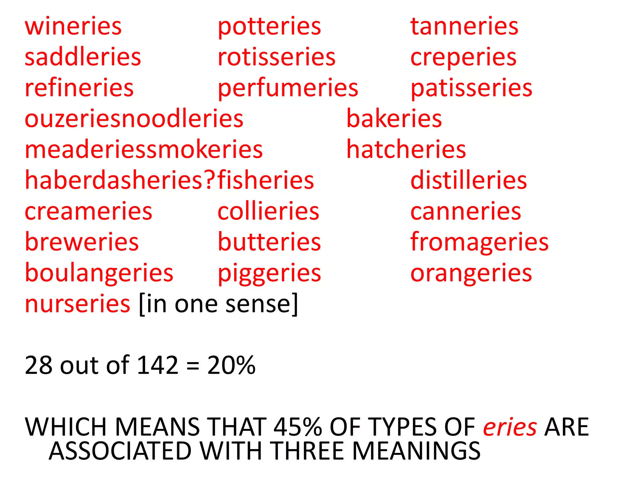 wineries potteries tanneries
saddleries rotisseries creperies
refineries perfumeries patisseries
ouzeriesnoodleries bakeries
meaderiessmokeries hatcheries
haberdasheries?fisheries distilleries
creameries collieries canneries
breweries butteries fromageries
boulangeries piggeries orangeries
nurseries [in one sense]
28 out of 142 = 20%
WHICH MEANS THAT 45% OF TYPES OF eries ARE
ASSOCIATED WITH THREE MEANINGS
 