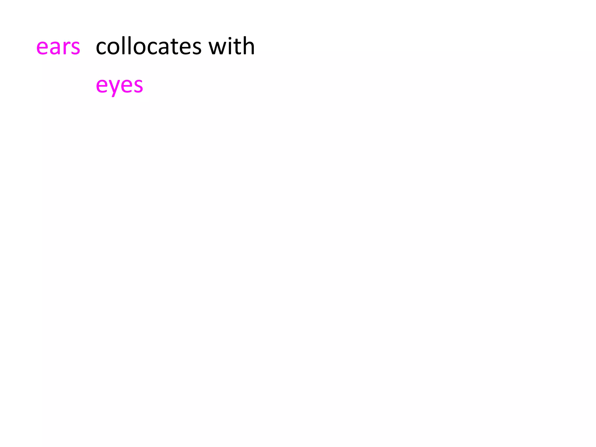 ears collocates with2294
eyes 225 10%
and also
ears and nose
ears, nose and throat
ears and eyes
ears and hands
ears and nostrils
etc
 