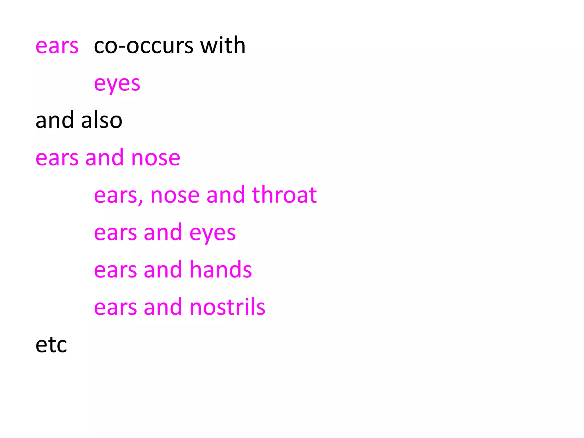 ears co-occurs with2294
eyes 225 10%
and also
ears and nose
ears, nose and throat
ears and eyes
ears and hands
ears and nostrils
etc
 