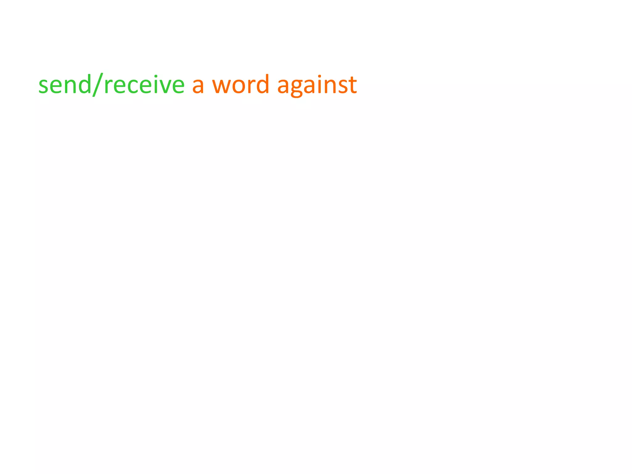 send/receive a word against has a pragmatic
association with denial
(e.g. wouldn’t hear a word against)
denial + send/receive a word against has a
pragmatic association with hypotheticality
(e.g. wasn’t prepared to say a word against)
 