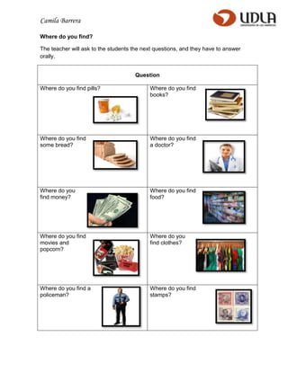 Camila Barrera

Where do you find?

The teacher will ask to the students the next questions, and they have to answer
orally.


                                     Question

Where do you find pills?                   Where do you find
                                           books?




Where do you find                          Where do you find
some bread?                                a doctor?




Where do you                               Where do you find
find money?                                food?




Where do you find                          Where do you
movies and                                 find clothes?
popcorn?




Where do you find a                        Where do you find
policeman?                                 stamps?
 
