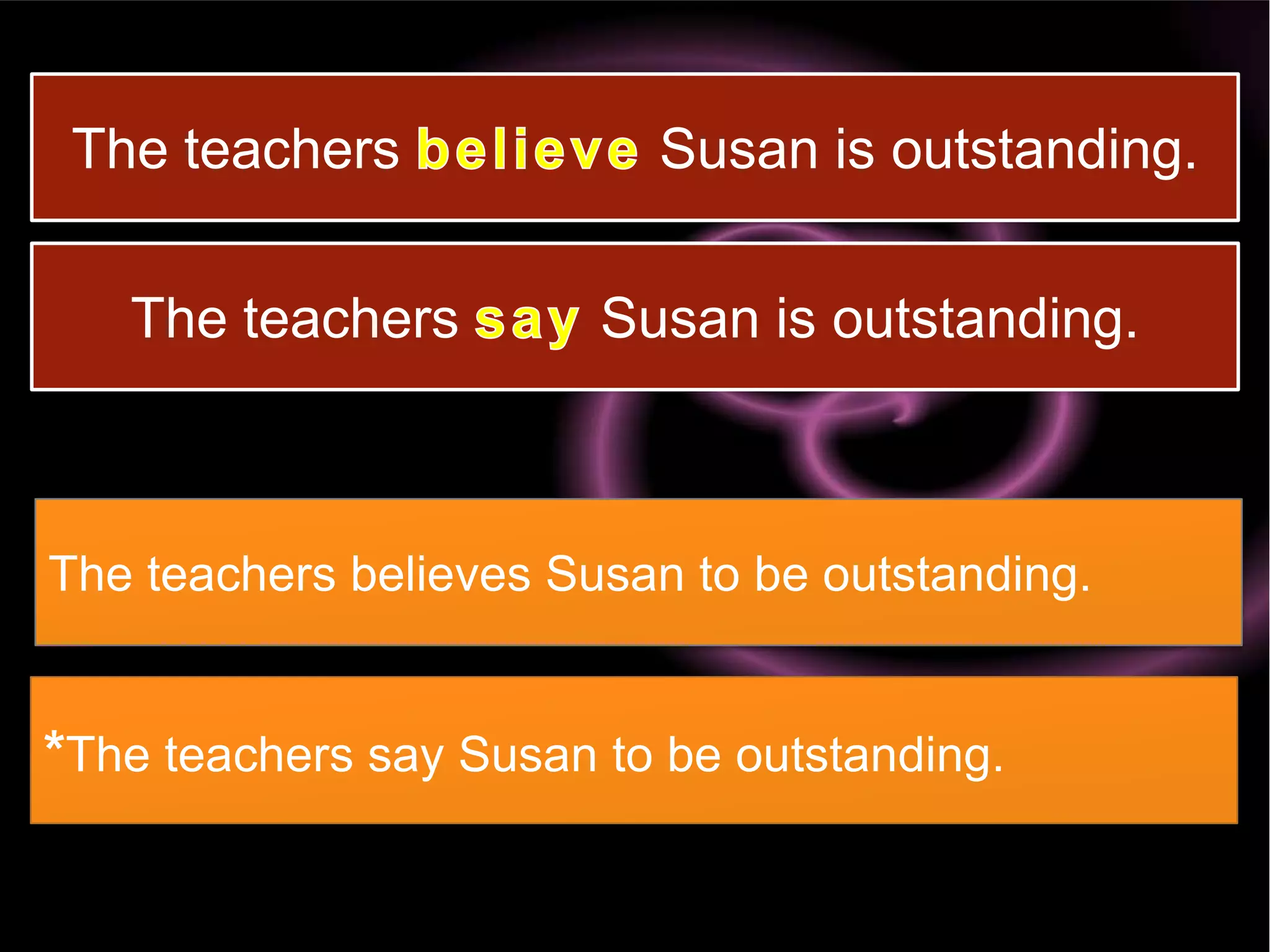 The teachers             Susan is outstanding.

   The teachers
                        is outstanding.
                       Susan



The teachers believes Susan to be outstanding.


*The teachers say Susan to be outstanding.
 