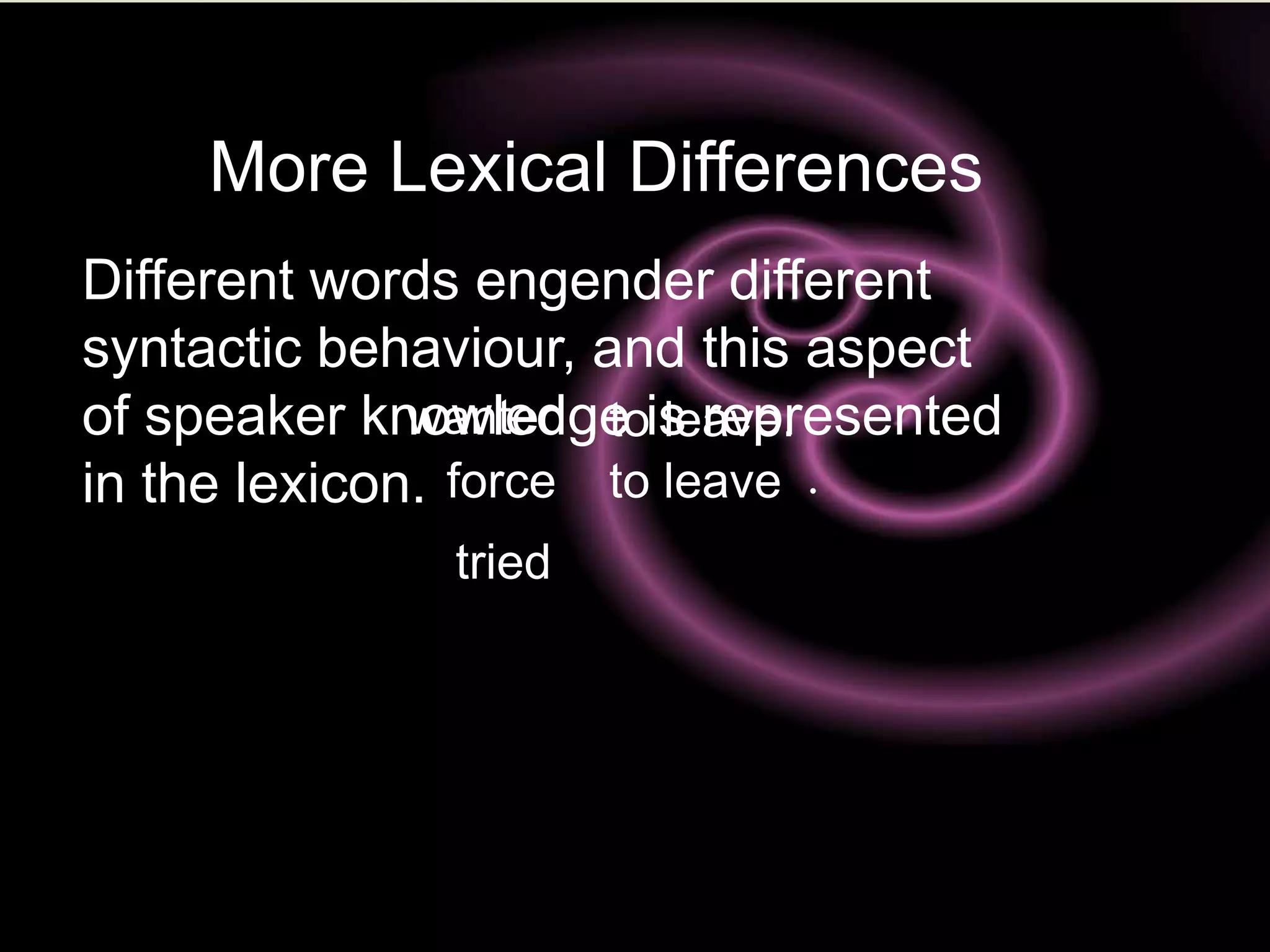More Lexical Differences
                      
Different words engender different
syntactic behaviour, and this aspect
of speaker knowledge is represented
              wanted to leave.
in the lexicon. force to leave .
              tried
 