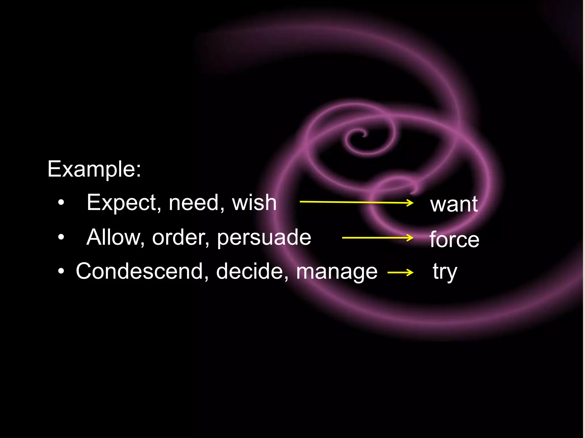 
Example:
 • Expect, need, wish          want
• Allow, order, persuade       force
• Condescend, decide, manage   try
 