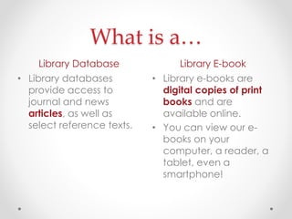 What is a…
Library Database
• Library databases
provide access to
journal and news
articles, as well as
select reference texts.

Library E-book
• Library e-books are
digital copies of print
books and are
available online.
• You can view our ebooks on your
computer, a reader, a
tablet, even a
smartphone!

 