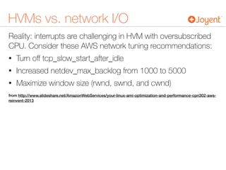 HVMs vs. network I/O
Reality: interrupts are challenging in HVM with oversubscribed
CPU. Consider these AWS network tuning recommendations:
• Turn oﬀ tcp_slow_start_after_idle
• Increased netdev_max_backlog from 1000 to 5000
• Maximize window size (rwnd, swnd, and cwnd)
from http://www.slideshare.net/AmazonWebServices/your-linux-ami-optimization-and-performance-cpn302-aws-
reinvent-2013
 