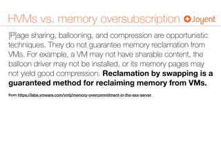HVMs vs. memory oversubscription
[P]age sharing, ballooning, and compression are opportunistic
techniques. They do not guarantee memory reclamation from
VMs. For example, a VM may not have sharable content, the
balloon driver may not be installed, or its memory pages may
not yield good compression. Reclamation by swapping is a
guaranteed method for reclaiming memory from VMs.
from https://labs.vmware.com/vmtj/memory-overcommitment-in-the-esx-server
 