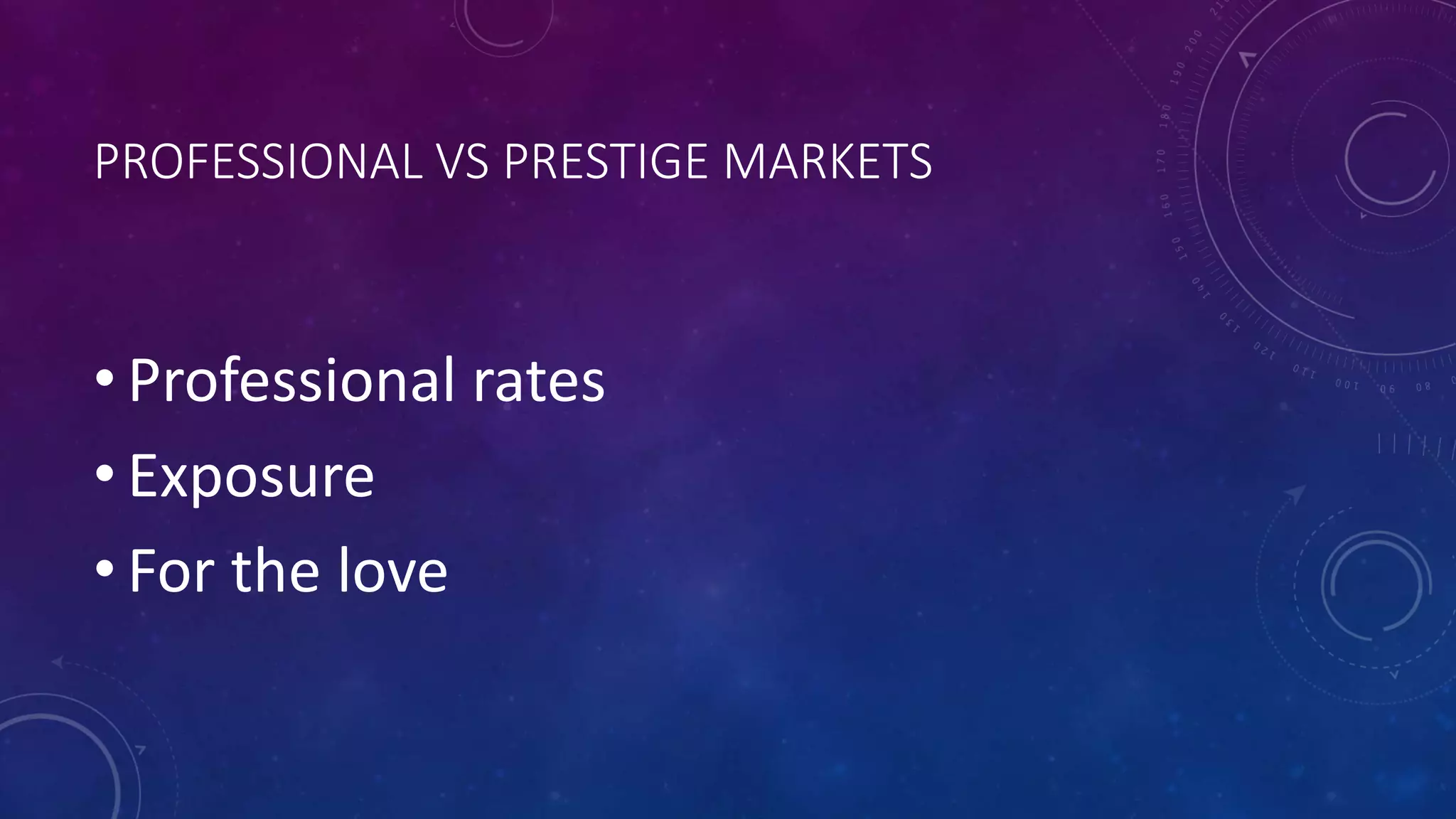 PROFESSIONAL VS PRESTIGE MARKETS
• Professional rates
• Exposure
• For the love
 