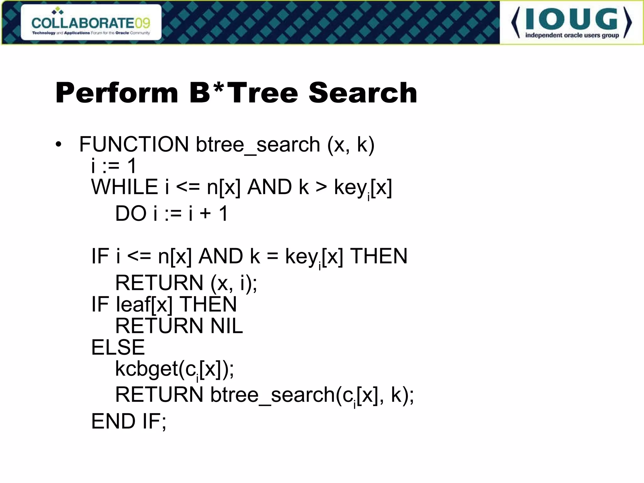 Perform B*Tree Search FUNCTION btree_search (x, k)   i := 1   WHILE i <= n[x] AND k > key i [x]   DO i := i + 1   IF i <= n[x] AND k = key i [x] THEN   RETURN (x, i);   IF leaf[x] THEN   RETURN NIL   ELSE   kcbget(c i [x]);   RETURN btree_search(c i [x], k);   END IF; 