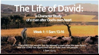 14 “…The LORD has sought out for Himself a man after His own heart,
and the LORD has appointed him as ruler over His people….“
1 Sam 13:14
TheLifeofDavid:
aCharacterStudy
ofamanafterGod’sownheart
Week1:1Sam13-16
 