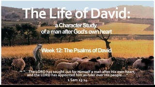 TheLifeofDavid:
aCharacterStudy
ofamanafterGod’sownheart
Week12:ThePsalmsofDavid
14 “…The LORD has sought out for Himself a man after His own heart,
and the LORD has appointed him as ruler over His people….“
1 Sam 13:14
 