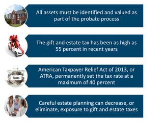 All assets must be identified and valued as
part of the probate process

The gift and estate tax has been as high as
55 percent in recent years

American Taxpayer Relief Act of 2013, or
ATRA, permanently set the tax rate at a
maximum of 40 percent

Careful estate planning can decrease, or
eliminate, exposure to gift and estate taxes

 