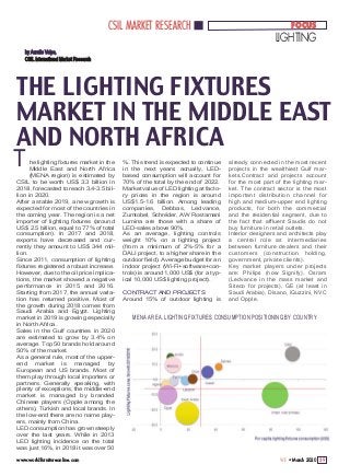 www.worldfurnitureonline.com 39WF • March 2020
FOCUSCSIL MARKET RESEARCH
LIGHTING
he lighting fixtures market in the
Middle East and North Africa
(MENA region) is estimated by
CSIL to be worth US$ 3.3 billion in
2018, forecasted to reach 3.4-3.5 bil-
lion in 2020.
After a stable 2019, a new growth is
expected for most of the countries in
the coming year. The region is a net
importer of lighting fixtures (around
US$ 2.5 billion, equal to 77% of total
consumption). In 2017 and 2018,
exports have decreased and cur-
rently they amount to US$ 344 mil-
lion.
Since 2011, consumption of lighting
fixtures registered a robust increase.
However, due to the oil price implica-
tions, the market showed a negative
performance in 2015 and 2016.
Starting from 2017, the annual varia-
tion has returned positive. Most of
the growth during 2018 comes from
Saudi Arabia and Egypt. Lighting
market in 2019 is growing especially
in North Africa.
Sales in the Gulf countries in 2020
are estimated to grow by 3.4% on
average. Top 50 brands hold around
50% of the market.
As a general rule, most of the upper-
end market is managed by
European and US brands. Most of
them play through local importers or
partners. Generally speaking, with
plenty of exceptions, the middle-end
market is managed by branded
Chinese players (Opple among the
others), Turkish and local brands. In
the low-end there are no name play-
ers, mainly from China.
LED consumption has grown steeply
over the last years. While in 2013
LED lighting incidence on the total
was just 16%, in 2018 it was over 50
by Aurelio Volpe,
CSIL International Market Research
T
THE LIGHTING FIXTURES
MARKET IN THE MIDDLE EAST
AND NORTH AFRICA
%. This trend is expected to continue
in the next years: acrually, LED-
based consumption will account for
70% of the total by the end of 2022.
Market value of LED lighting at facto-
ry prices in the region is around
US$1.5-1.6 billion. Among leading
companies, Debbas, Ledvance,
Zumtobel, Schréder, AW Rostamani
Lumina are those with a share of
LED-sales above 90%.
As an average, lighting controls
weight 10% on a lighting project
(from a minimum of 2%-5% for a
DALI project, to a higher share in the
outdoor field). Average budget for an
indoor project (Wi-Fi+software+con-
trols) is around 1,000 US$ (for a typ-
ical 10,000 US$ lighting project).
CONTRACT AND PROJECTS
Around 15% of outdoor lighting is
already connected in the most recent
projects in the wealthiest Gulf mar-
kets.Contract and projects account
for the most part of the lighting mar-
ket. The contract sector is the most
important distribution channel for
high and medium-upper end lighting
products, for both the commercial
and the residential segment, due to
the fact that affluent Saudis do not
buy furniture in retail outlets.
Interior designers and architects play
a central role as intermediaries
between furniture dealers and their
customers (construction holding,
government, private clients).
Key market players under projects
are: Philips (now Signify), Osram
(Ledvance in the mass market and
Siteco for projects), GE (at least in
Saudi Arabia), Disano, iGuzzini, NVC
and Opple.
MENA AREA. LIGHTING FIXTURES CONSUMPTION POSITIONING BY COUNTRY
 