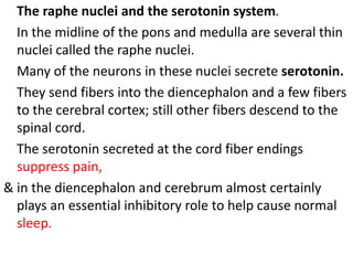 The raphe nuclei and the serotonin system.
In the midline of the pons and medulla are several thin
nuclei called the raphe nuclei.
Many of the neurons in these nuclei secrete serotonin.
They send fibers into the diencephalon and a few fibers
to the cerebral cortex; still other fibers descend to the
spinal cord.
The serotonin secreted at the cord fiber endings
suppress pain,
& in the diencephalon and cerebrum almost certainly
plays an essential inhibitory role to help cause normal
sleep.
 