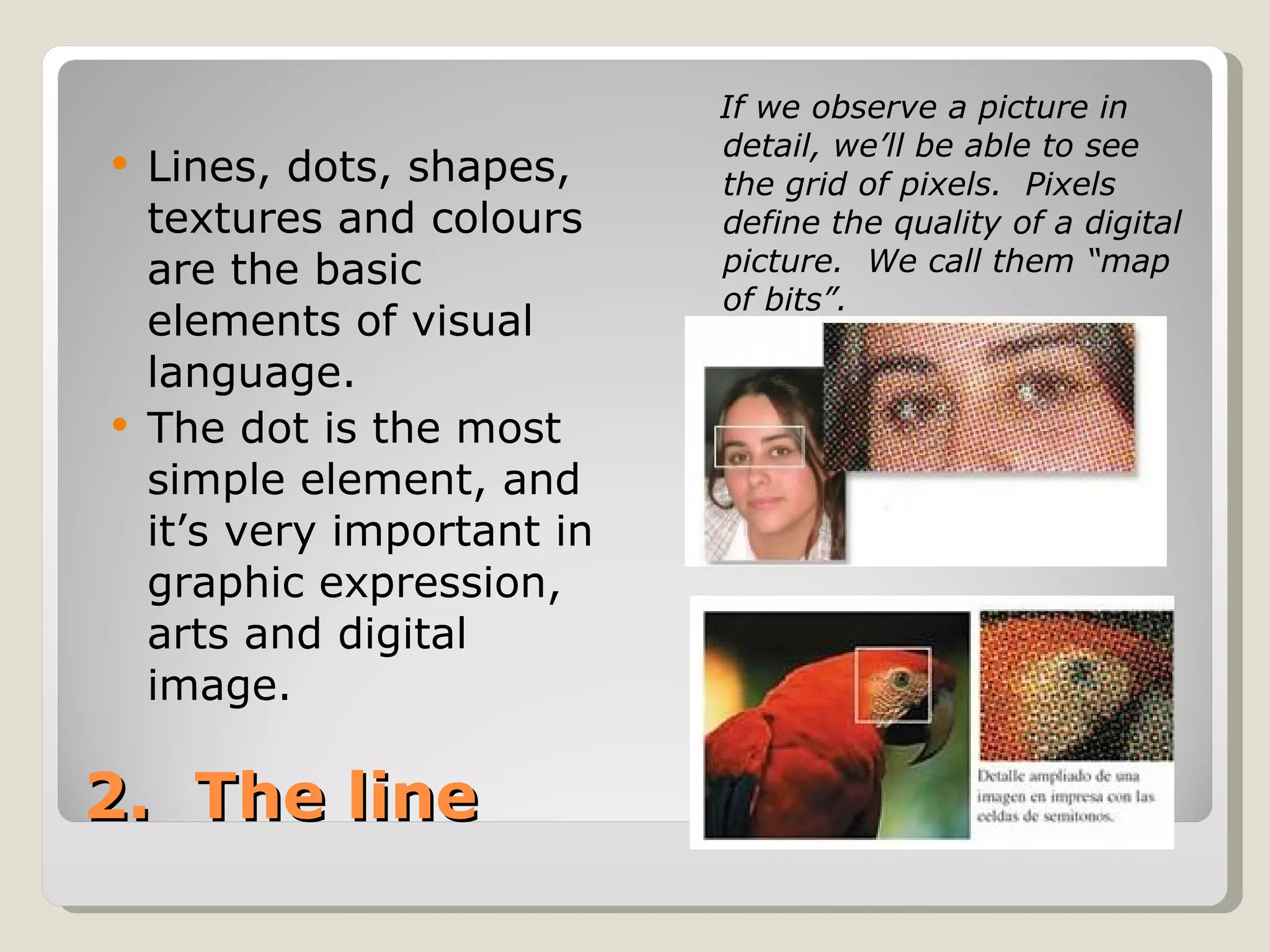 2.  The line Lines, dots, shapes, textures and colours are the basic elements of visual language. The dot is the most simple element, and it’s very important in graphic expression, arts and digital image. If we observe a picture in detail, we’ll be able to see the grid of pixels.  Pixels define the quality of a digital picture.  We call them “map of bits”. 