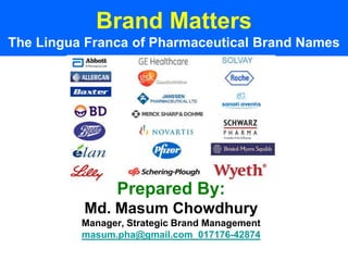 Brand Matters
The Lingua Franca of Pharmaceutical Brand Names




                Prepared By:
          Md. Masum Chowdhury
          Manager, Strategic Brand Management
          masum.pha@gmail.com_017176-42874
 
