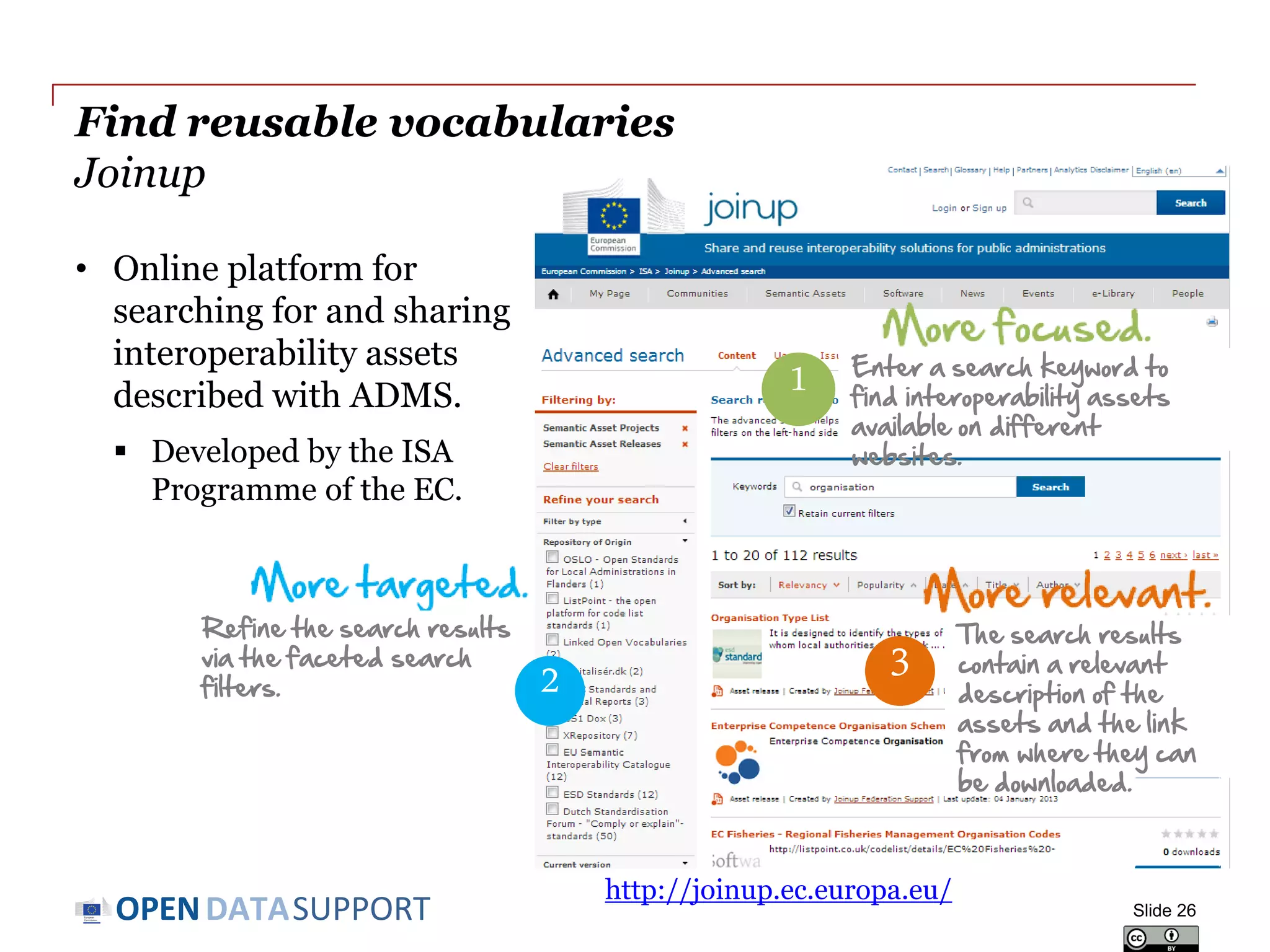DATASUPPORTOPEN
Find reusable vocabularies
Joinup
• Online platform for
searching for and sharing
interoperability assets
described with ADMS.
 Developed by the ISA
Programme of the EC.
Slide 26
http://joinup.ec.europa.eu/
Refine the search results
via the faceted search
filters. 2
Enter a search keyword to
find interoperability assets
available on different
websites.
1
The search results
contain a relevant
description of the
assets and the link
from where they can
be downloaded.
3
 