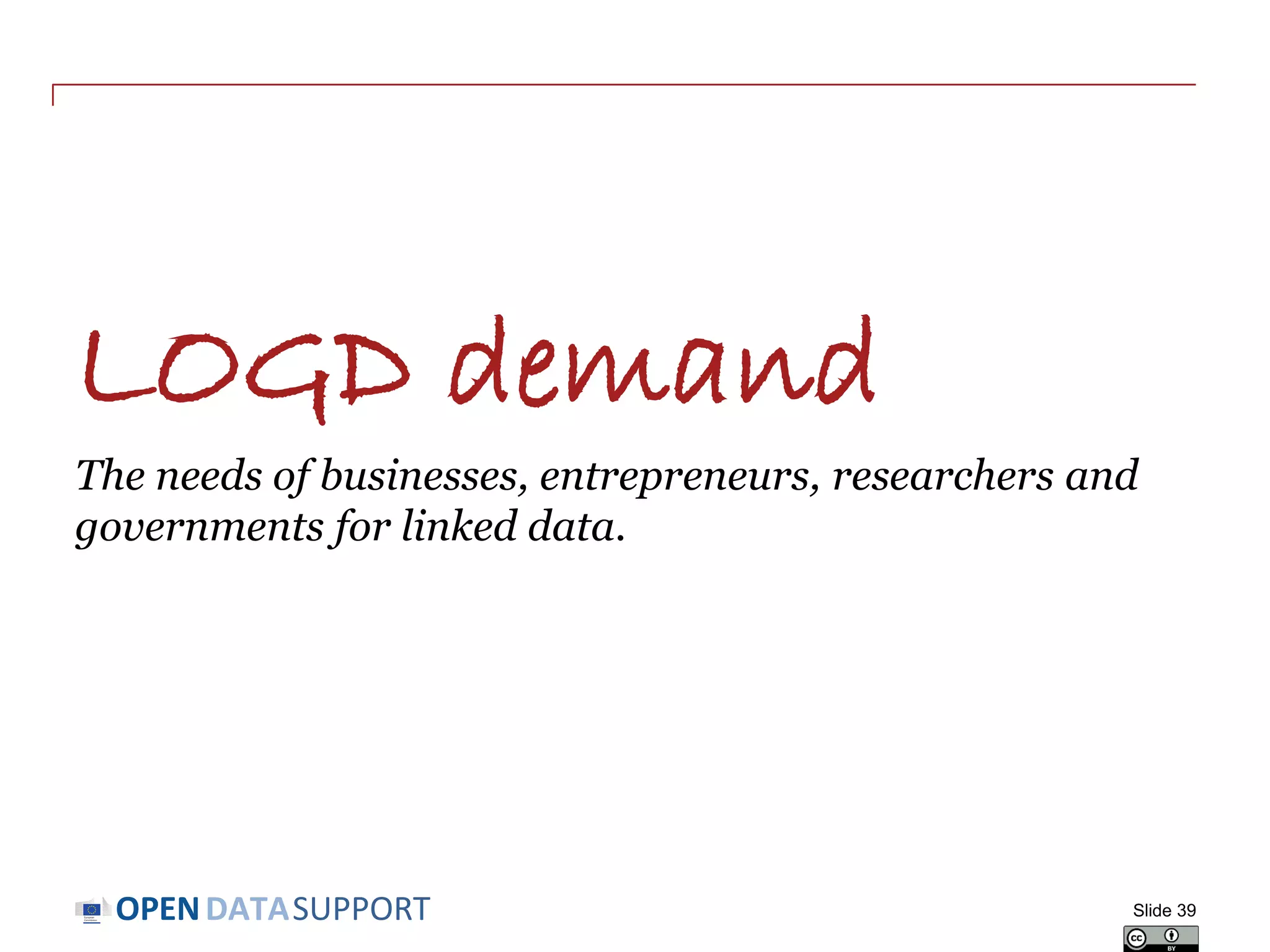 DATASUPPORTOPEN
LOGD demand
The needs of businesses, entrepreneurs, researchers and
governments for linked data.
Slide 39
 