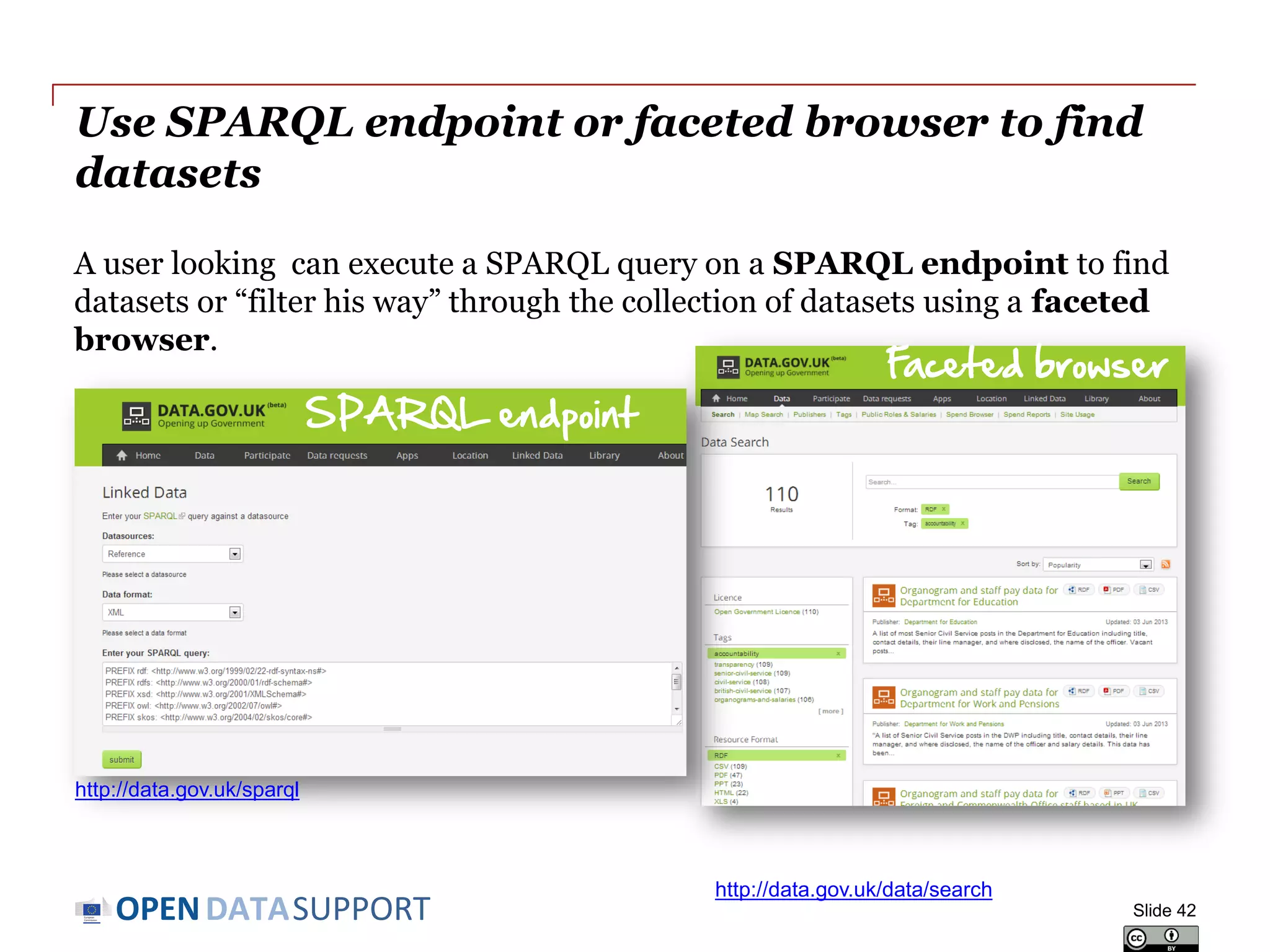 DATASUPPORTOPEN
Use SPARQL endpoint or faceted browser to find
datasets
A user looking can execute a SPARQL query on a SPARQL endpoint to find
datasets or “filter his way” through the collection of datasets using a faceted
browser.
Slide 42
SPARQL endpoint
Faceted browser
http://data.gov.uk/sparql
http://data.gov.uk/data/search
 