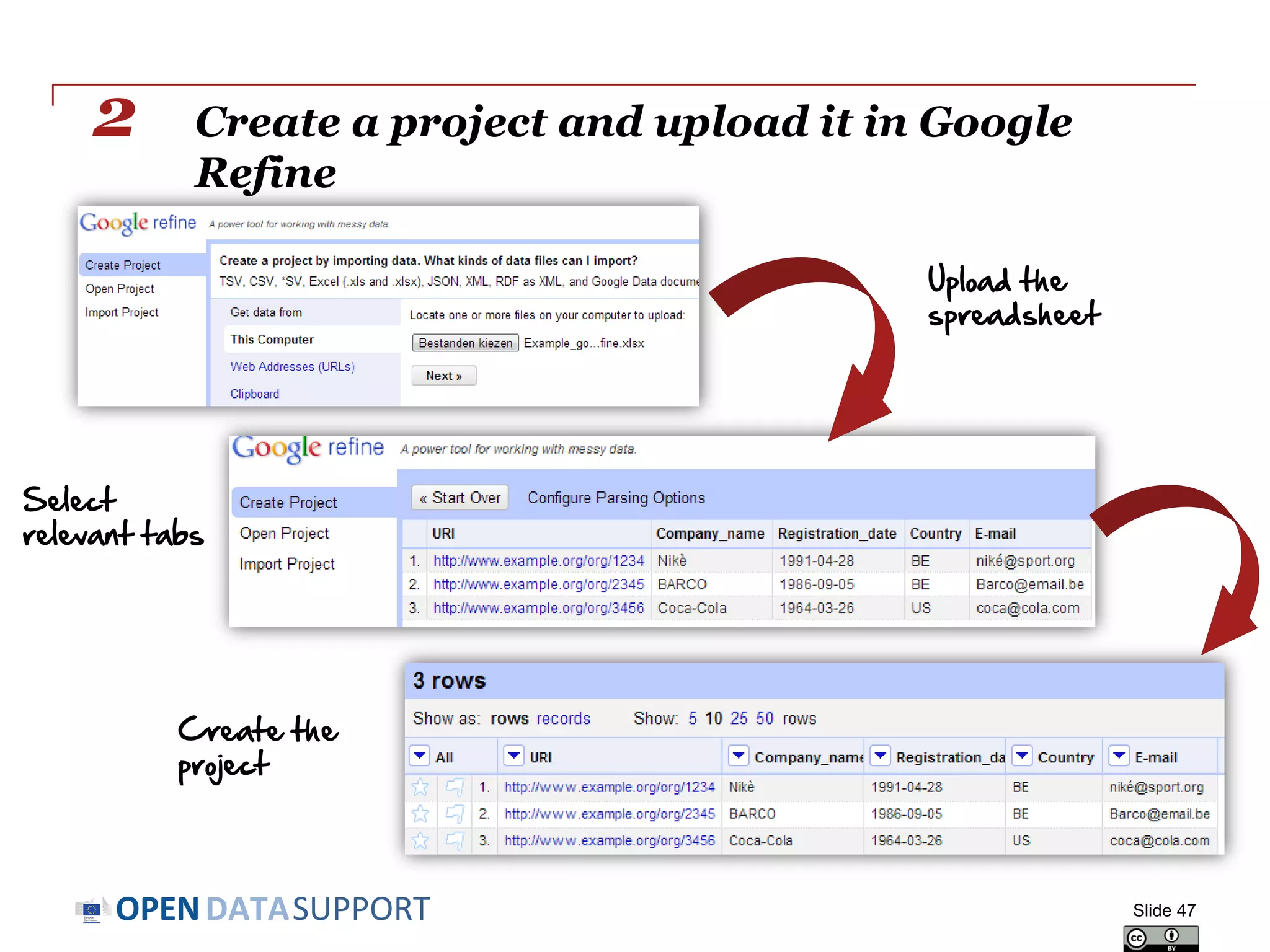 DATASUPPORTOPEN
Create a project and upload it in Google
Refine
Slide 47
2
Upload the
spreadsheet
Select
relevant tabs
Create the
project
 