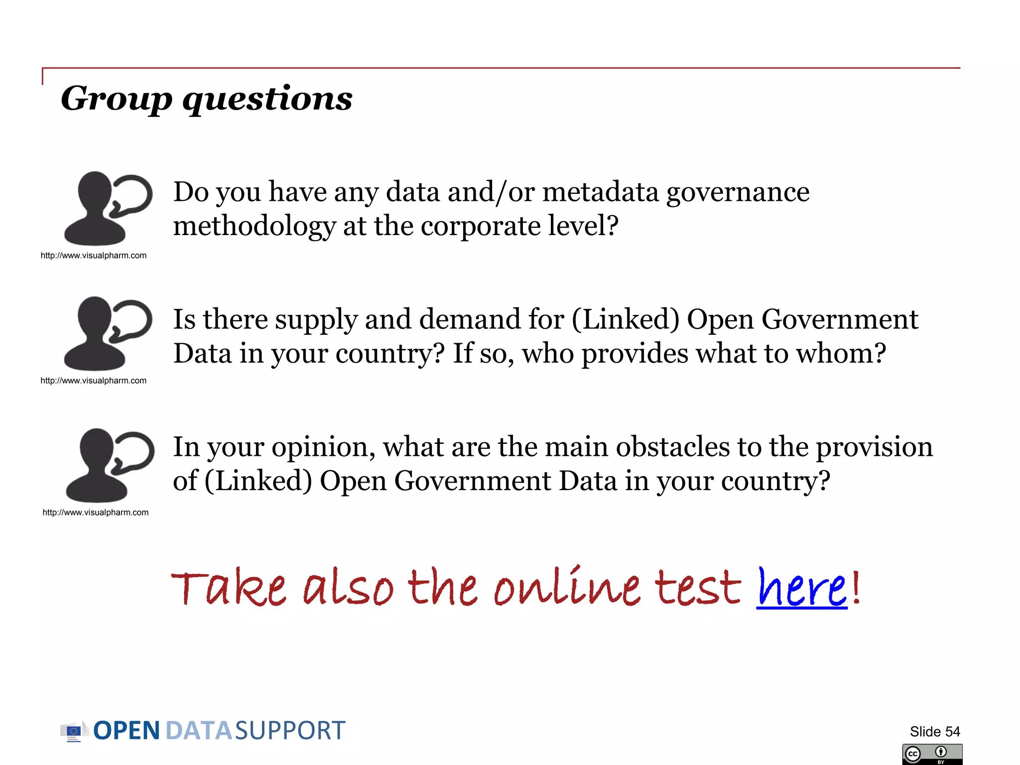 DATASUPPORTOPEN
Group questions
Slide 54
Do you have any data and/or metadata governance
methodology at the corporate level?
Is there supply and demand for (Linked) Open Government
Data in your country? If so, who provides what to whom?
In your opinion, what are the main obstacles to the provision
of (Linked) Open Government Data in your country?
http://www.visualpharm.com
http://www.visualpharm.com
http://www.visualpharm.com
Take also the online test here!
 