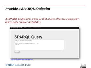 DATASUPPORTOPEN
Provide a SPARQL Endpoint
A SPARQL Endpoint is a service that allows others to query your
linked data (and/or metadata).
Slide 35
http://data.opendatasupport.eu
 