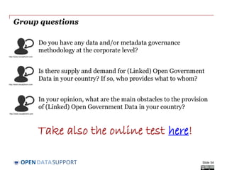DATASUPPORTOPEN
Group questions
Slide 54
Do you have any data and/or metadata governance
methodology at the corporate level?
Is there supply and demand for (Linked) Open Government
Data in your country? If so, who provides what to whom?
In your opinion, what are the main obstacles to the provision
of (Linked) Open Government Data in your country?
http://www.visualpharm.com
http://www.visualpharm.com
http://www.visualpharm.com
Take also the online test here!
 