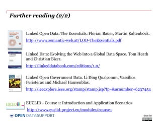 DATASUPPORTOPEN
Further reading (2/2)
Linked Open Data: The Essentials. Florian Bauer, Martin Kaltenböck.
http://www.semantic-web.at/LOD-TheEssentials.pdf
Linked Data: Evolving the Web into a Global Data Space. Tom Heath
and Christian Bizer.
http://linkeddatabook.com/editions/1.0/
Linked Open Government Data. Li Ding Qualcomm, Vassilios
Peristeras and Michael Hausenblas.
http://ieeexplore.ieee.org/stamp/stamp.jsp?tp=&arnumber=6237454
EUCLID - Course 1: Introduction and Application Scenarios
http://www.euclid-project.eu/modules/course1
Slide 58
 