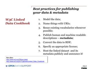 DATASUPPORTOPEN
Best practices for publishing
your data & metadata
1. Model the data;
2. Name things with URIs;
3. Reuse existing vocabularies whenever
possible;
4. Publish human and machine readable
descriptions – metadata;
5. Convert the data to RDF;
6. Specify an appropriate license;
7. Host the linked dataset and its
metadata publicly and announce it!
W3C Linked
Data Cookbook
Slide 8
See also:
http://www.w3.org/TR/gov-data/)
http://www.w3.org/2011/gld/wiki/Linked_Data_Cookbook
 