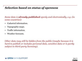 DATASUPPORTOPEN
Selection based on status of openness
Some data is already published openly and electronically, e.g. (in
s...