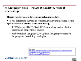 DATASUPPORTOPEN
Model your data – reuse if possible, mint if
necessary
• Reuse existing vocabularies as much as possible.
...