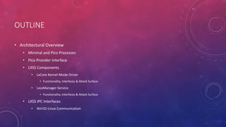 OUTLINE
• Architectural Overview
• Minimal and Pico Processes
• Pico Provider Interface
• LXSS Components
• LxCore Kernel-Mode Driver
• Functionality, Interfaces & Attack Surface
• LxssManager Service
• Functionality, Interfaces & Attack Surface
• LXSS IPC Interfaces
• Win32-Linux Communication
 