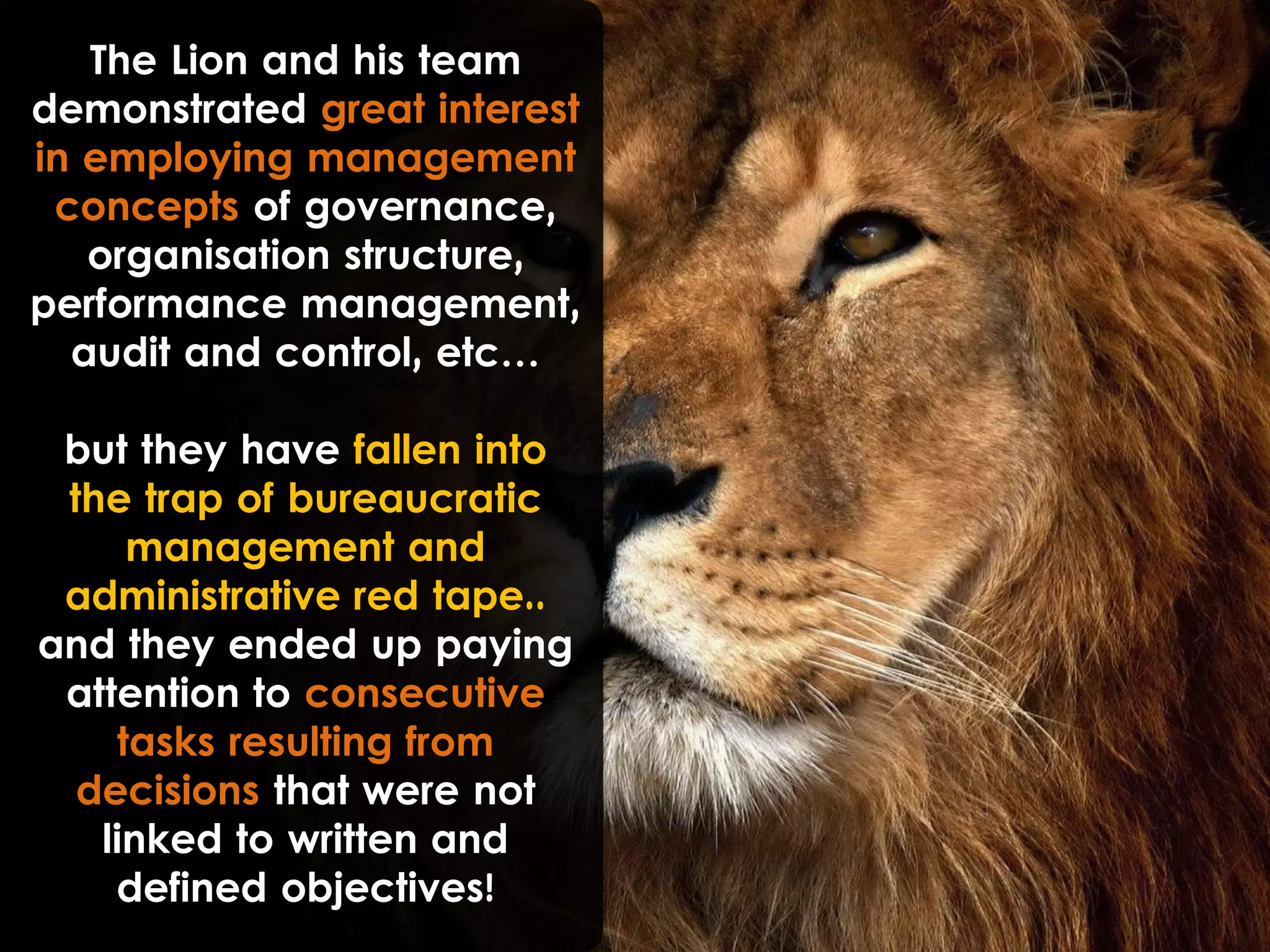 The Lion and his team
demonstrated great interest
in employing management
concepts of governance,
organisation structure,
performance management,
audit and control, etc…
but they have fallen into
the trap of bureaucratic
management and
administrative red tape..
and they ended up paying
attention to consecutive
tasks resulting from
decisions that were not
linked to written and
defined objectives!
 