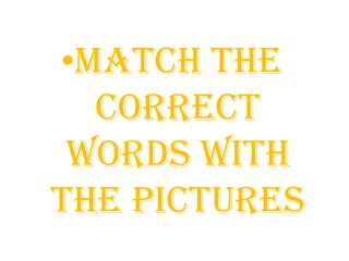 •MATCH THE
CORRECT
WORDS WITH
THE PICTURES
 