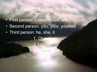 Point of view in fiction
• First person: I, me, myself, we
• Second person: you, your, yourself
• Third person: he, she, it
1. Objective
2. Limited
3. Omniscient
 