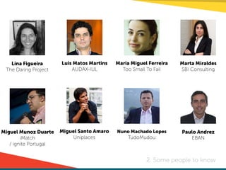 2. Some people to know
Marta Miraldes
SBI Consulting
Miguel Munoz Duarte
iMatch
/ ignite Portugal
Nuno Machado Lopes
TudoMudou
Miguel Santo Amaro
Uniplaces
Paulo Andrez
EBAN
Lina Figueira
The Daring Project
Luis Matos Martins
AUDAX-IUL
Maria Miguel Ferreira
Too Small To Fail
 