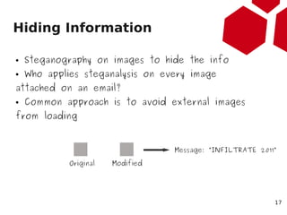 Hiding Information

●   Steganography on images to hide the info
●   Who applies steganalysis on every image
attached on a...