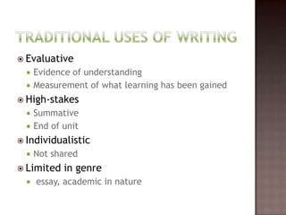 Traditional uses of WritingEvaluative Evidence of understandingMeasurement of what learning has been gainedHigh-stakes SummativeEnd of unitIndividualistic Not sharedLimited in genre essay, academic in nature