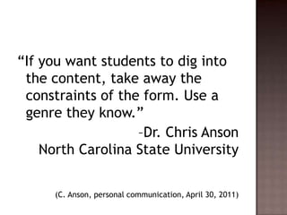 “If you want students to dig into the content, take away the constraints of the form. Use a genre they know.” 				–Dr. Chris Anson North Carolina State University(C. Anson, personal communication, April 30, 2011)