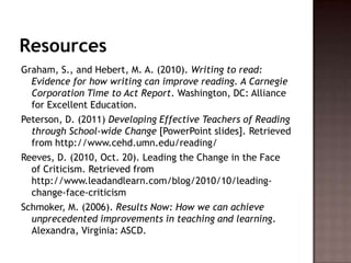 ResourcesGraham, S., and Hebert, M. A. (2010). Writing to read: Evidence for how writing can improve reading. A Carnegie Corporation Time to Act Report. Washington, DC: Alliance for Excellent Education.Peterson, D. (2011) Developing Effective Teachers of Reading through School-wide Change [PowerPoint slides]. Retrieved from http://www.cehd.umn.edu/reading/Reeves, D. (2010, Oct. 20). Leading the Change in the Face of Criticism. Retrieved from http://www.leadandlearn.com/blog/2010/10/leading-change-face-criticismSchmoker, M. (2006). Results Now: How we can achieve unprecedented improvements in teaching and learning. Alexandra, Virginia: ASCD.