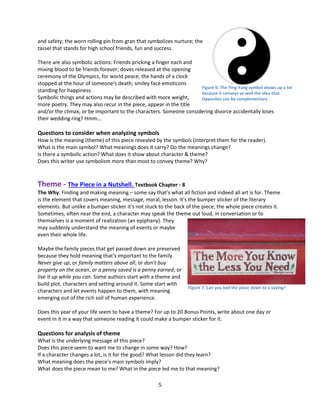 5
and safety; the worn rolling pin from gran that symbolizes nurture; the
tassel that stands for high school friends, fun and success.
There are also symbolic actions: Friends pricking a finger each and
mixing blood to be friends forever; doves released at the opening
ceremony of the Olympics, for world peace; the hands of a clock
stopped at the hour of someone's death; smiley face emoticons
standing for happiness.
Symbolic things and actions may be described with more weight,
more poetry. They may also recur in the piece, appear in the title
and/or the climax, or be important to the characters. Someone considering divorce accidentally loses
their wedding ring? Hmm…
Questions to consider when analyzing symbols
How is the meaning (theme) of this piece revealed by the symbols (interpret them for the reader).
What is the main symbol? What meanings does it carry? Do the meanings change?
Is there a symbolic action? What does it show about character & theme?
Does this writer use symbolism more than most to convey theme? Why?
Theme - The Piece in a Nutshell. Textbook Chapter - 8
The Why. Finding and making meaning – some say that's what all fiction and indeed all art is for. Theme
is the element that covers meaning, message, moral, lesson. It's the bumper sticker of the literary
elements. But unlike a bumper sticker it's not stuck to the back of the piece; the whole piece creates it.
Sometimes, often near the end, a character may speak the theme out loud, in conversation or to
themselves is a moment of realization (an epiphany). They
may suddenly understand the meaning of events or maybe
even their whole life.
Maybe the family pieces that get passed down are preserved
because they hold meaning that's important to the family.
Never give up, or family matters above all, or don't buy
property on the ocean, or a penny saved is a penny earned, or
live it up while you can. Some authors start with a theme and
build plot, characters and setting around it. Some start with
characters and let events happen to them, with meaning
emerging out of the rich soil of human experience.
Does this year of your life seem to have a theme? For up to 20 Bonus Points, write about one day or
event in it in a way that someone reading it could make a bumper sticker for it.
Questions for analysis of theme
What is the underlying message of this piece?
Does this piece seem to want me to change in some way? How?
If a character changes a lot, is it for the good? What lesson did they learn?
What meaning does the piece's main symbols imply?
What does the piece mean to me? What in the piece led me to that meaning?
Figure 7: Can you boil the piece down to a saying?
Figure 6: The Ying-Yang symbol shows up a lot
because it conveys so well the idea that
Opposites can be complementary
 