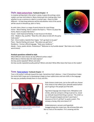 6
Style. Style Lecture here. Textbook Chapter - 9
In creative writing style is the writer’s stamp. It gives the writing a voice
readers can hear and relate to. Many choices go into creating style, from
whether to use a comma or a dash in a certain spot – they’re a little
different – to how long sentences will be and whether most of the words
will be casual or dressed up, plain or fancy.
As with colors, there is a range of word choices for most things:
Home – Warm feeling. Home is where the heart is. “There’s no place like
home, there’s no place like home.”
House – Cold impersonal feeling. A new house on the block.
Crib – Modern, hip, youthful. “Now this crib's about to kick off, this party
looks wack.”
Pad – Once modern, beatnik then hippie. “Let’s go back to my pad.”
Place – Neutral feeling and casual. “Nice place you got here.”
Residence – Formal, official language. “State your residence.”
Abode – Fancy, poetic diction. Pretentious? “Welcome to my humble abode.” (But haha not a humble
word choice)
Analysis questions related to style
What different style choices do two different writers make?
What ideas or themes does the style express?
Are key words repeated? Where and why?
Are key sounds repeated (usually poetry)? Where and why? What effect does that have on the reader?
Tone. Tone Lecture. Textbook Chapter - 9
Tone is the author’s attitude toward the topic. Sometimes that’s obvious – I love it! Sometimes it takes
the kind of skill I hope you’re developing to begin to hear subtle tones and tone shifts in the language
the way you probably already them in music and film.
Style choices create tone, just as the outfit you choose
from shoes to hat reflects your attitude toward where
you’re going or the people you’ll be with.
Figurative language also shapes tone. Metaphors and
similes, what we compare a thing or person to, reveal
our attitude toward that thing or person: “His smile’s a
charm the gods dropped and don’t want back /
because on him it’s all that” to quote a poem. This
conveys a loving, lofty tone doesn’t it?
Understatement, sarcasm and hyperbole
(exaggerating) also create tone. We all know folks who
like to crack on the weather. If it’s snowing and the
Figure 9: Deadpool takes a playful, ironic attitude
toward the whole superhero genre
Figure 8: Shades of meaning
 