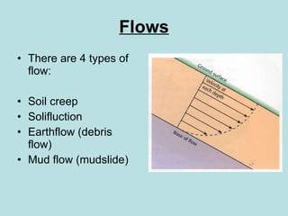 Flows There are 4 types of flow: Soil creep Solifluction Earthflow (debris flow) Mud flow (mudslide) 