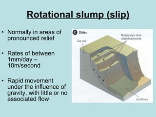 Rotational slump (slip) Normally in areas of pronounced relief Rates of between 1mm/day – 10m/second Rapid movement under the influence of gravity, with little or no associated flow 